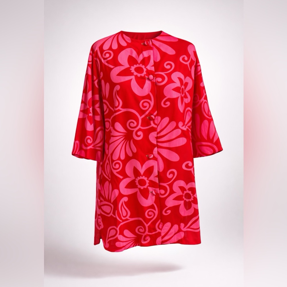 Vintage Liberty House Waikiki Tunic, floral, pink/red, covered buttons, S, GUC